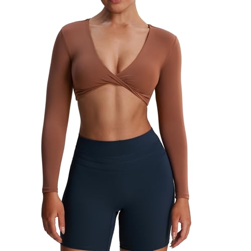 Image of Aoxjox Sienna Twist Deep V Training Women's Long Sleeve Crop Top