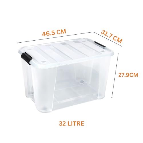 Image of Clear Heavy Duty Bulk Storage Container with Lids Pack of 4, 32 Litre | Stackable Plastic Bins with Handles & Rolling Wheels | BPA-Free, Multi-Purpose for Kitchen, Pantry, Office, or Garage