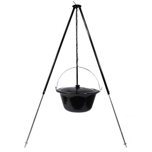 troph-e-shop Set Gulaschkessel 14 L mit Deckel Emaille und Dreibein Teleskop 90-145 cm