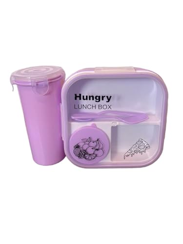 Image of Plastic Lunch Box with Transparent Lid & Bottle, 3 Compartment Leak Proof Lunch Box Set with Spoon, Fork & Sauce Cup for Office, School & Travel