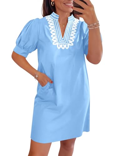 Wenrine Womens Summer Shift Puff Short Sleeve Embroidered Short Dresses