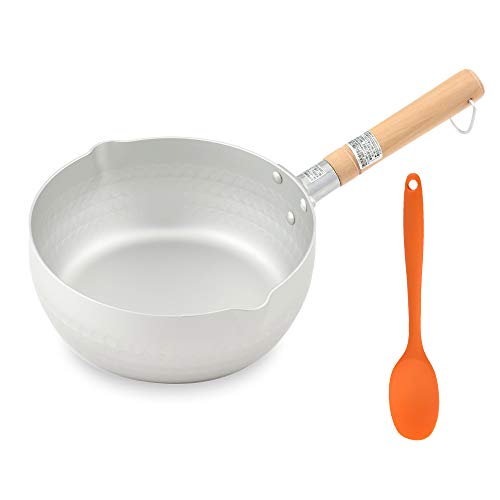 ICUUK Nonstick Saucepan 22-Quart Traditional Japanese Yukihira Saucepan With Wooden Handle And Silicone Mixing SpoonMultipurpose Pot Aluminum Alloy Silver 79 inch