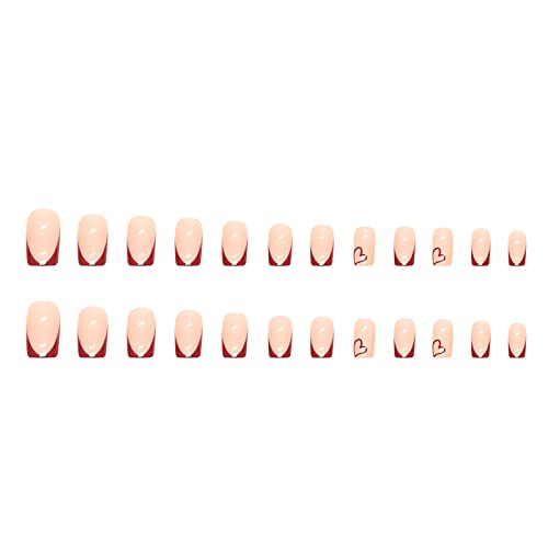 Sinsen Short Square Fake Nails, 24Pcs Red French Tip Press On Nails Full Cover Cute Heart Glue On Nails Wine Red Tips Nail Art Decorations Glossy Stick On Acrylic False Nails For Women And Girls #TOP4