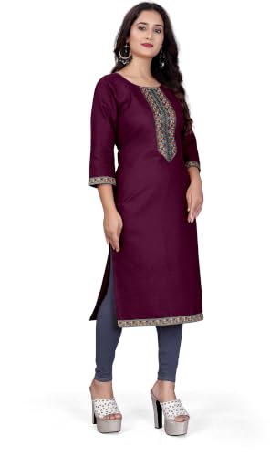 Image of Women A-line Cotton Blend Round Neck 3 /4 Sleeve Embroidered Kurti Only