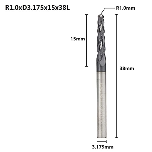 SUOFEILAIMU-PHONE CASE Metal 3.175mm Shank R0.25-R1.0 Tapered Ballnose End Mill CNC Milling Cutter Carbide Woodworking Engraving Bit (Cutting Edge Length : R1.0xD3.175x15x38L)