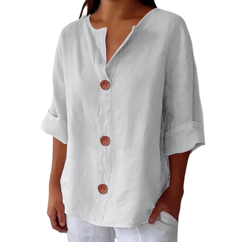 Chemise Femme Chic et élégant Haut Femme Grande Taille Chemise Col Mao A Manche Longue Anti UV Ample Lin Coton Raye pour Viscose Chemisiers Et Blouses...