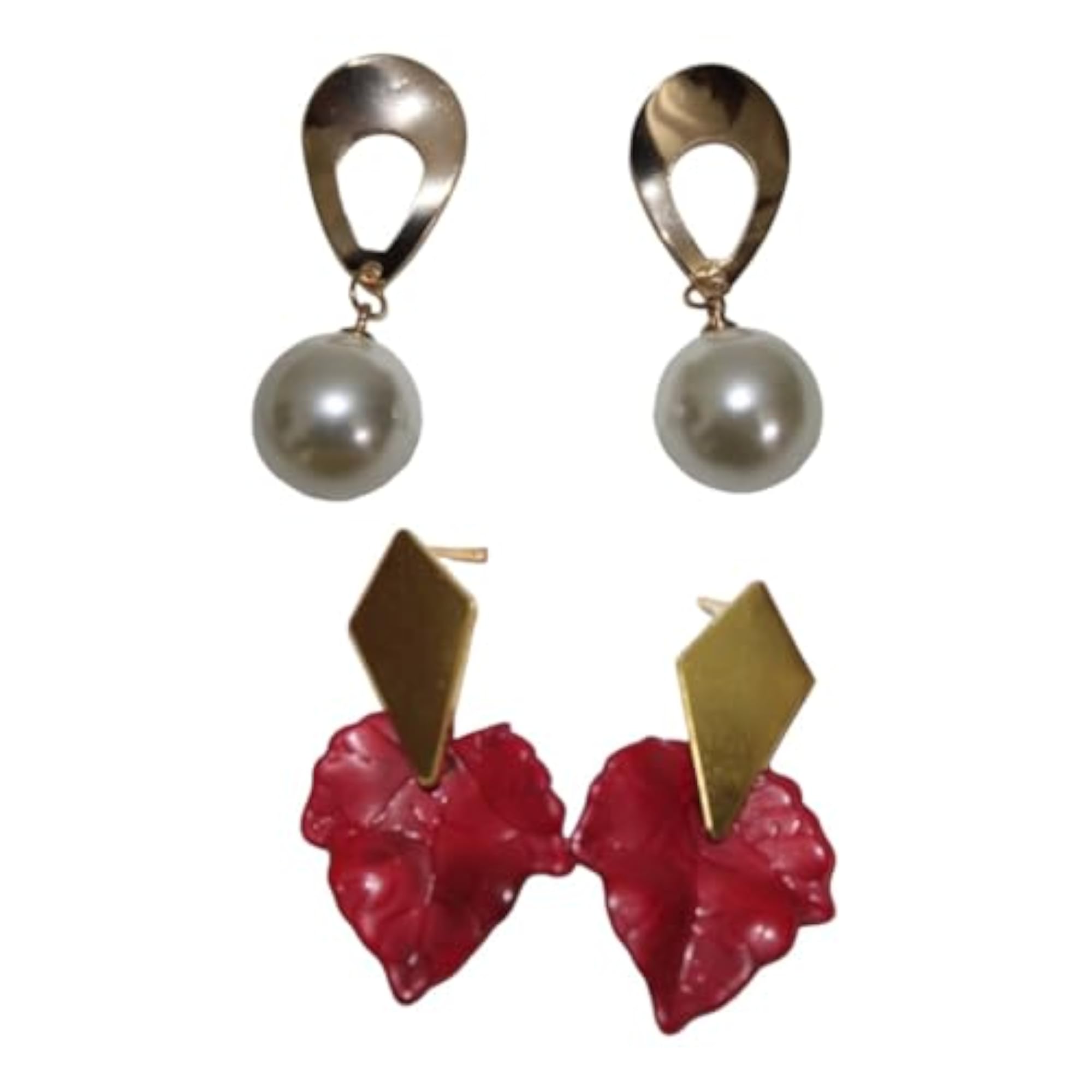 Elegant Pearl Earrings & Maroon Earrings Combo Set