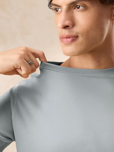 Image of The Souled Store Supima: Steel Men and Boys Short Sleeves Round Neck Solid Cotton Regular Fit Lightweight Breathable Long-Lasting Everyday Casual T-Shirt