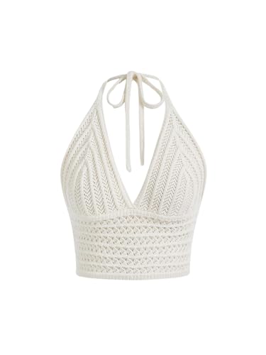 SHENHE Women's V Neck Halter Backless Tops Crochet...