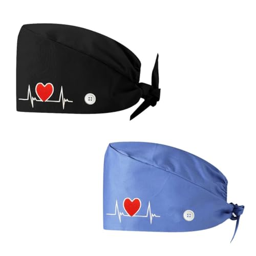 IBXWMNG 2 Pcs Gorro Quirúrgico de Mujer Gorro de Hombre de Algodón con Cinta Ajustable Cinta Quirúrgica de Enfermera Bandana Bordada Corazón
