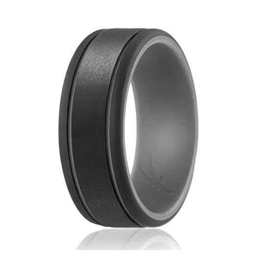 ROQ Silicone Rubber Wedding Ring for Men, Comfort Fit, Men's Wedding Band, Breathable Rubber Engagement Band, 9mm Wide 2mm Thick, 2 Thin Lines Duo Collection, Single, Grey & Black, Size 9