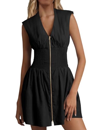 Fisoew Women Sleeveless Tank Mini Dress Casual Zip Front V Neck Loose Summer Smocked...
