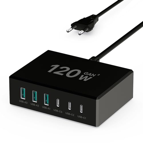 Cargador USB C de 120 W GaN, cargador USB múltiple 【3USB-C + 3USB-A】 PD, estación de carga USB C de 6 puertos compatible con iPhone/Samsung/Google/Tablet/Mobil Power y otros dispositivos USB (negro)