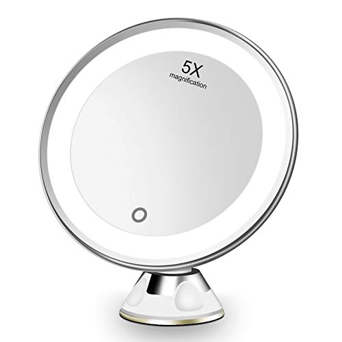 FASCINATE Espejo de Baño, Espejo Maquillaje con luz LED Aumento 5X, con Rótulo Giratorio Ajustable y Ventosa,a Pilas