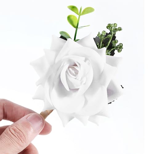 FdcZeyxior Wedding Flower Boutonniere White Boutonniere for Men Groom Flower Buttonholes Groomsmans Prom Party Suit Decoration
