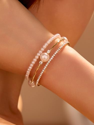 1PC Gold Layered Bangle Bracelet Set for Women, Elegant and Creative Faux Pearl Rhinestone Encrusted Bangle Bracelet for Women - Fashion Party Accessory2