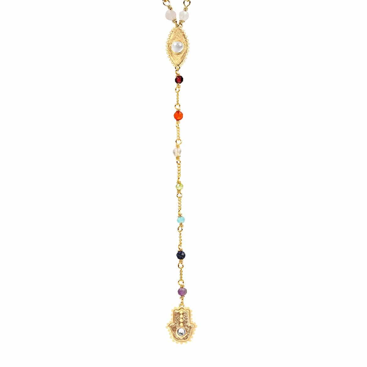 KARMA AND LUCKRosary & Lariat Necklace – Hematite, Moonstone, Gold-Plated, Tourmaline, Amethyst, Jade, Lapis Lazuli – Hamsa & Evil Eye Spiritual Jewelry