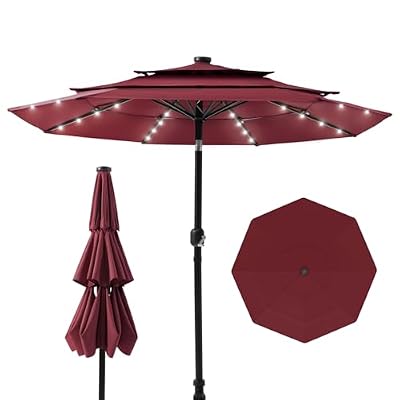 HOMPUS 11FT 3 Tiers Solar LED Patio Umbrella for Outside, Outdoor Market Umbrella with Push Button Tilt, Pool Umbrella w 40 LEDs for Backyard, Deck, Garden, Burgundy