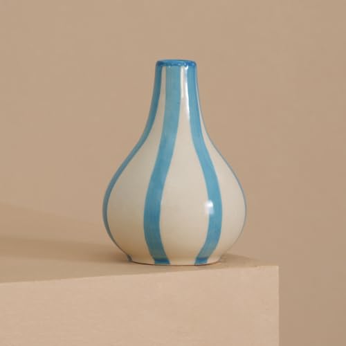 Image of PUREZENTO Blue & White Striped 'Tulip Bud' Ceramic Vase 6 Inch (Pack of 1) | Unique Modern Bud Vase for Dried Flowers & Pampas Grass | Vases for Modern Home Decor, Living Room & Office Decor Ideas