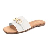 Rihero Flat Sandals for Women Dressy Square Peep Toe Summer Slides Comfortable Slip On Leather White Sandals Size 8