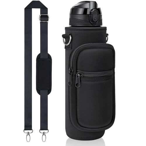 Image of Fimibuke 32 oz Water Bottle with Sleeve - BPA Free Leakproof Sport Large 1L Plastic Motivational Water Bottle with Straw & Strap & Insulated Neoprene Holder Carrier Bag for Women Men(A1.Black)