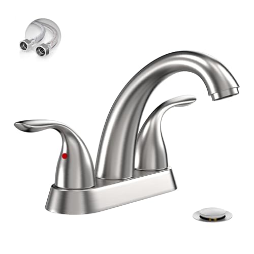 Phiestina Centerset 4 Inch Brushed Nickel 2 or 3 Holes Stainless Steel Bathroom Sink Faucet, 2 Handle Bathroom Faucet with Copper Pop Up Drain and Water Supply Lines, BF008-5-BN