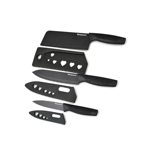 Image of Stainless Steel Kitchen Knife Set 3-Piece with Protective Covers | Sharp Non-Stick Chef, Utility & Paring Knives | Ergonomic Non-Slip Handle for Vegetable, Fruit & Meat Cutting | Black