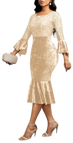 Image of Midi Lace Dress for Women Sexy Bodycon Fishtail Dress Elegance Cocktail Party Banquet Church Outfits