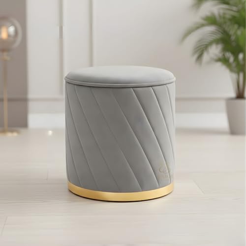 Image of Luxury Round Velvet Ottoman Stool with Gold Base - Modern Upholstered Footrest Pouffe, Tufted Vanity Seat, Living Room Bedroom Dressing Stool (Grey)