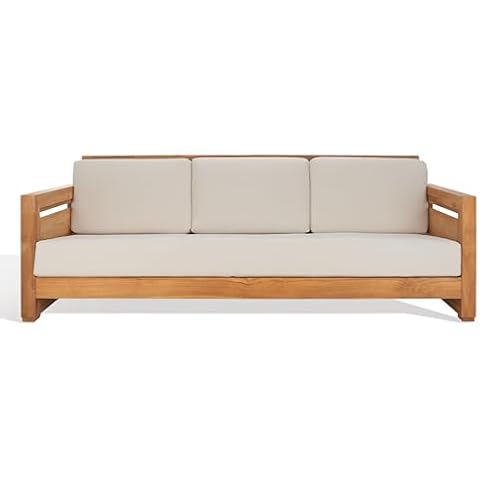 Safavieh CPT1008A Couture Guadeloupe Brazilian Teak Outdoor 3-Seat Patio Sofa, Natural/White Cover