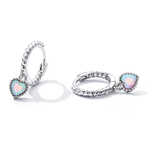 Colorful Opal Heart Dangle Hoop Earrings for Women Girls 925 Sterling Silver Rainbow Opal Small Huggie Hoops Cartilage Earring Dangling Charm Drop Hinged Cuff Dainty Jewelry Gifts for Sensitive Ears4