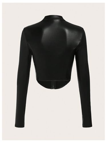 MakeMeChic Women's PU Leather Mock Neck Zipper Outerwear Long Sleeve Asymmetrical Crop Y2K Jacket2