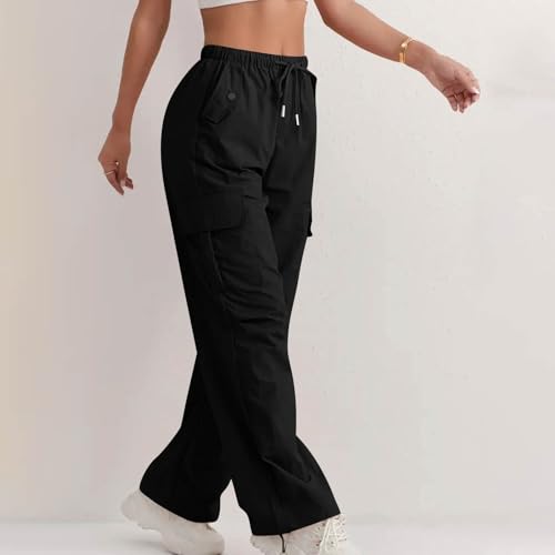Wide Leg Cargo Pants Women High Waist Parachute Pants Drawstring Travel Fishing Hiking Pant with Multiple Pockets4