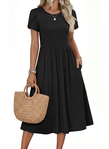 Zeagoo Womens Midi Dress Black Shirt Dress Round Neck Shift Dresses Empire Waist Tunic Dresses Summer Short Sleeev Aline Swing Long Beach Sundress with Pockets