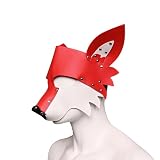 QUYUWOWO Leather Fox Wolf Face Mask with Studs & Ears Hood for Halloween Costume (Red)
