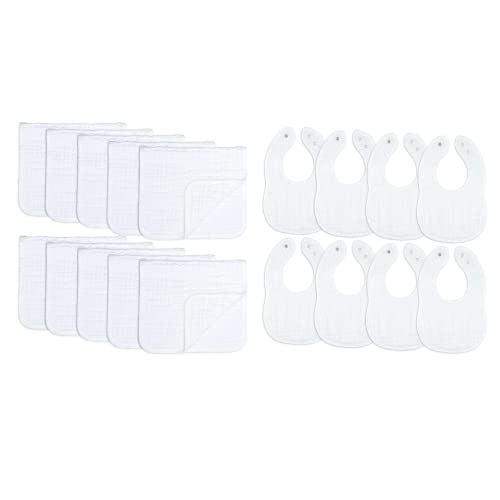 Image of Comfy Cubs Muslin Burp Cloths Large 100% Cotton Hand Washcloths for Babies, White, 10 Pack and Muslin Cotton Baby Bibs, 8 Pack, White Bundle