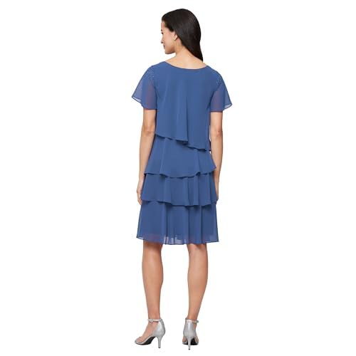 Image of S.L. Fashions Women's V-Neck Chiffon Cocktail Dress with Beaded Shoulders and Asymmetrical Tiers (Petite and Regular Sizes)