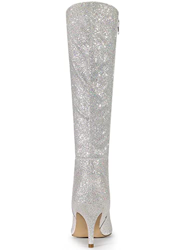 Allegra K Allegra K Women's Pointy Toe Sparkle Glitter Stiletto Heel Silver Knee High Boots 10 M US