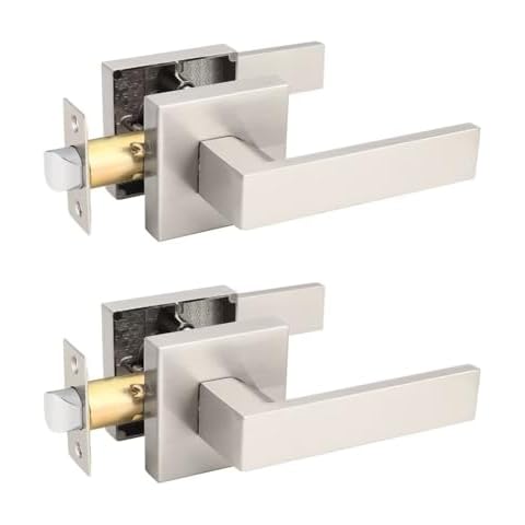 NIZADO Brushed Nickel Passage Door Handles, 2 Pack Non-Locking Interior Door Levers, Suqare Heavy Duty Closet Door Handles, Reversible for Right & Left Side Cover