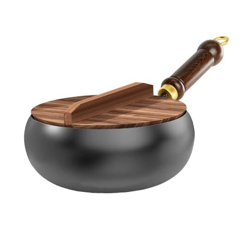Uncoated Iron Frying Pan Hand with Wooden Lid,Forged Big Belly Pot,Non-Stick Pan,24/28cm Diameter,Versatile Cooking Vessel for Simmering and High-Heat Frying (24cm)