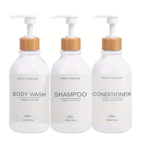 Dispensador Jabon Baño | Set de 3 Botes para Gel Champu y Acondicionador 500ML | Este Dosificador Jabon Baño es Elegante y Realzará el Estilo de tu hogar con toques de bambú