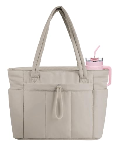 Image of Puffer Tote Bag for Women Handbag Nurse Bag with Cup Holder & Laptop Compartment & Trolley Sleeve for Work Travel