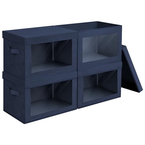 Image of Homsorout Foldable Storage Boxes with Lids - Decorative Storage Boxes with Clear Window, Fabric Storage Baskets for Organizing, Closet Storage for Clothes, Yarn, Home, Navy Blue, 4-Pack