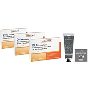 Diclo-Ratiopharm 25mg bei Schmerzen und Fieber, (gleicher Wirkstoff wie Voltaren Dolo) – Sparset 3 x 20 Stück – inkl…