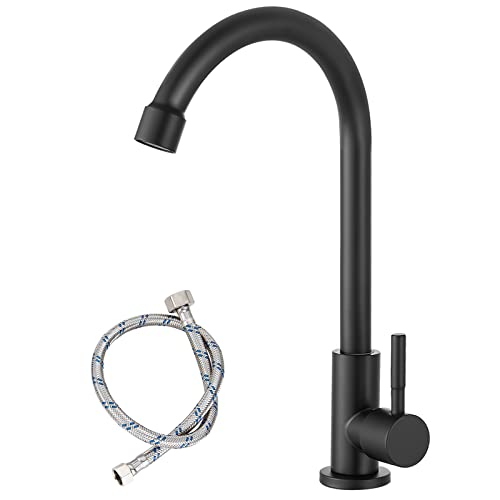 Matte Black Cold Water Only Kitchen Faucet Sus304 Sink Faucets High Arc Gooseneck 360 Degree Rotation Spout Basin Tap With Longer Thread Pipe #TOP4