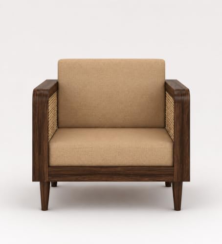 Image of Wooden 5 Seater Sofa Set for Living Room | Solid Sheesham Wood Sofa Set 5 Seater for Living Room 3+1+1 | Rattan Cane Sofa Set 5 Seater (Walnut Finish)