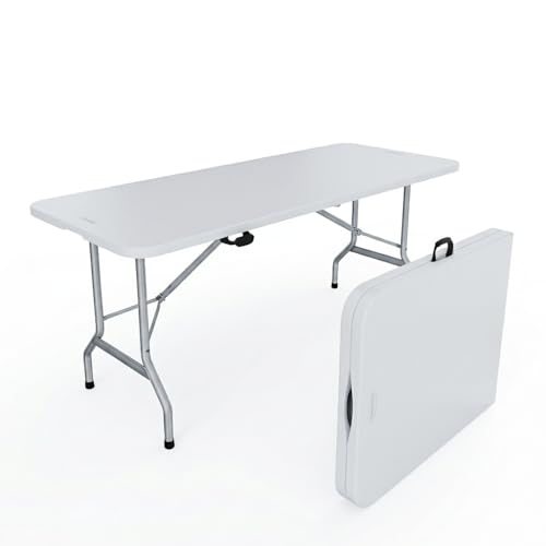Bricozone Tavolino Pieghevole in Resina Dura Tavolo Campeggio Giardino Set Birreria Facile Trasporto con Maniglia 180 x 74 x 74 cm Rettangolare Bianco
