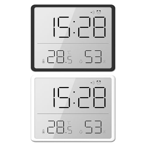 PORFOYO 2 Stück LCD Digitaler Wecker mit Temperatur Luftfeuchtigkeit, Thermometer, Digitales Hygrometer, 12/24 Stunden ℃/℉, Digitales...