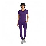 M&M SCRUBS Women's Jogger Scrub Set V-Neck Scrub Top Modern Fit Tuck-in Top with Stretchy Rib-Knit 8 Pockets Tapered Cargo Jogger Scrub Pant (Eggplant, Small)