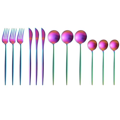Image of aDai Rainbow Silverware Set | Satin Finish 12-Piece Stainless Steel Flatware Set | Dishwasher Safe Cutlery for Home, Restaurant & Gifting
